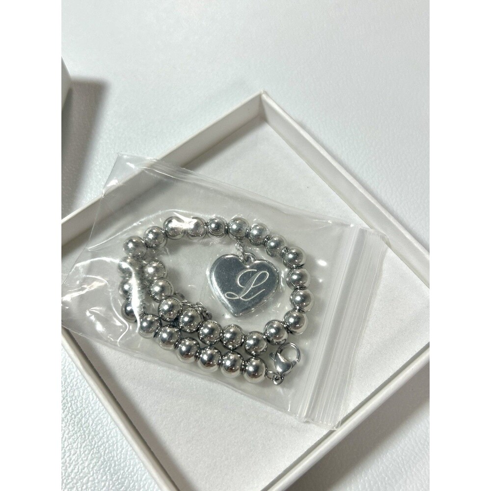 Initial L Heart Charm Bracelet, 7" With Extension S.Steel Silver Tone